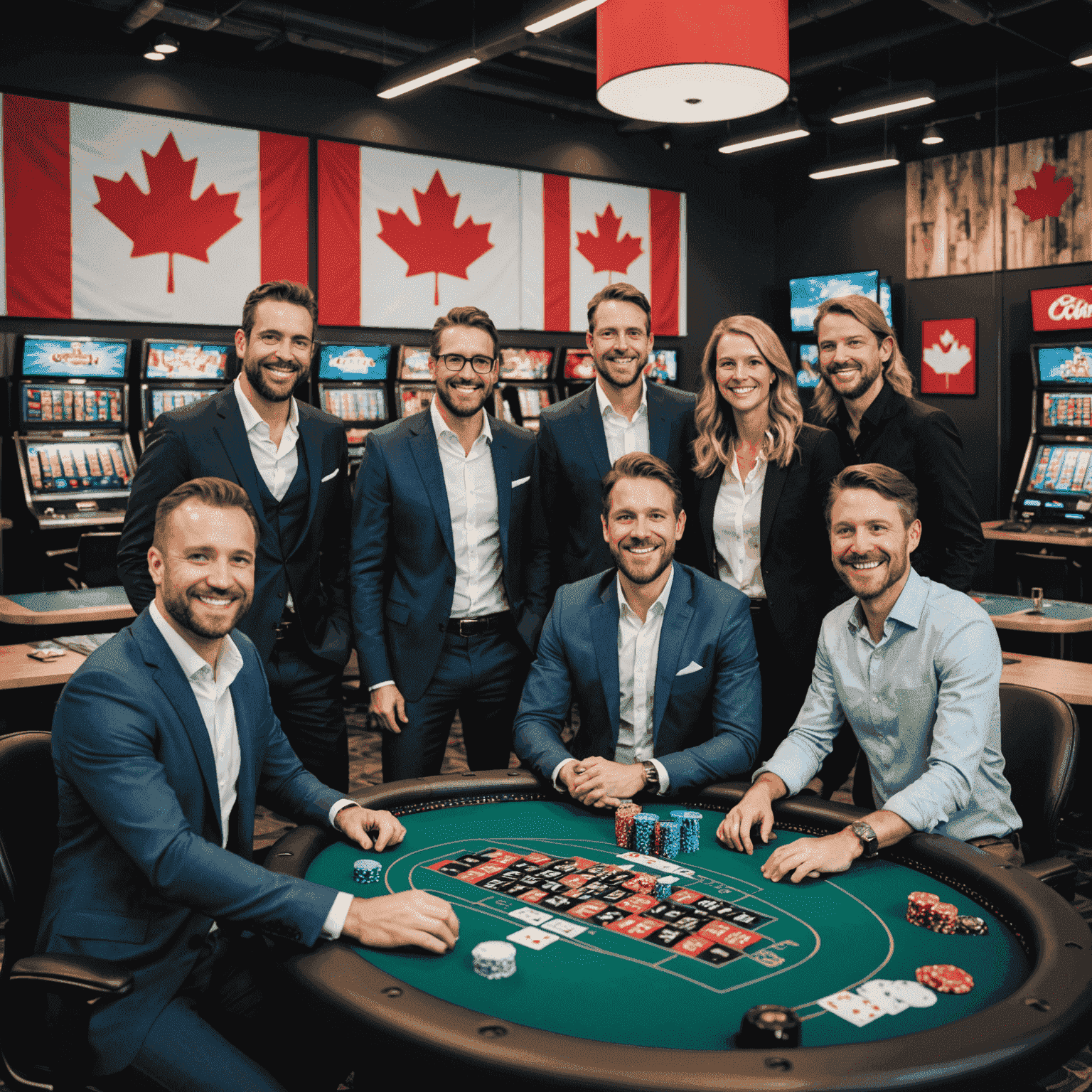 The PlaySpinBeat team in their Canadian office, a diverse group of professionals smiling and collaborating in a modern, open-plan workspace decorated with casino-themed artwork and Canadian flags