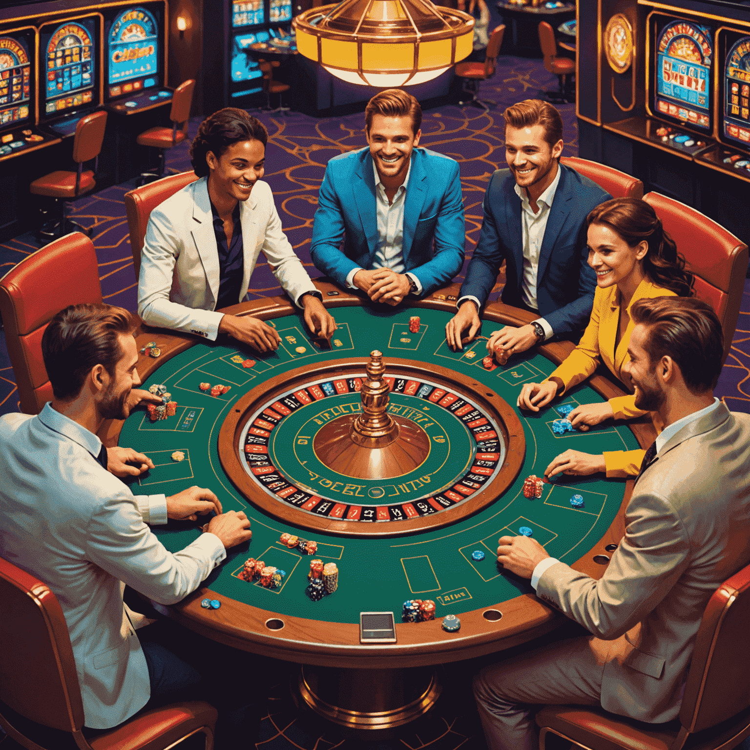 A diverse group of people sitting around a virtual casino table, smiling and interacting positively. The image is stylized with colorful outlines and no fill, emphasizing the social aspect of online gaming.