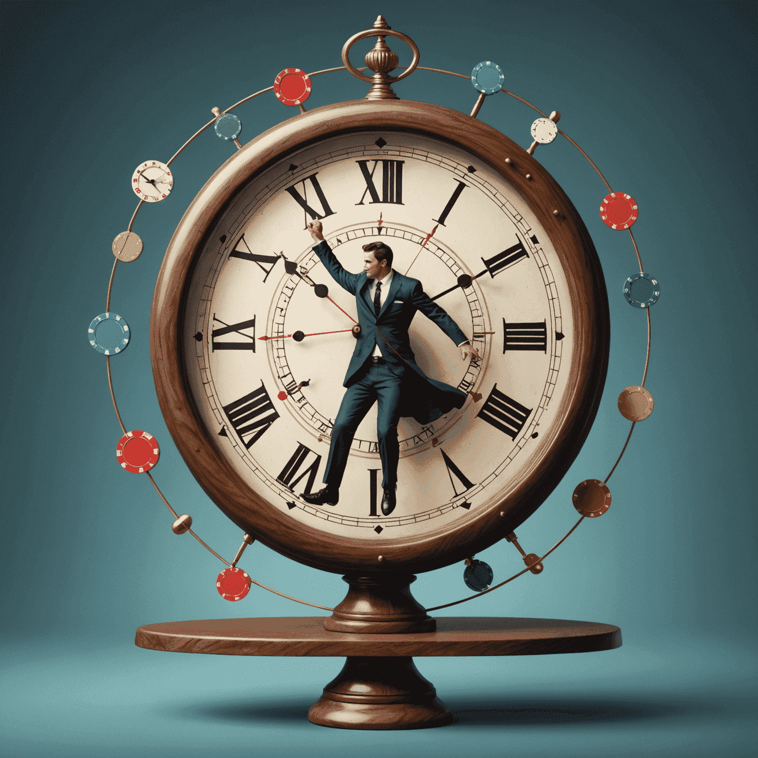 Illustration of a person balancing on a tightrope between casino games and a clock, symbolizing the balance between entertainment and time management in social casinos