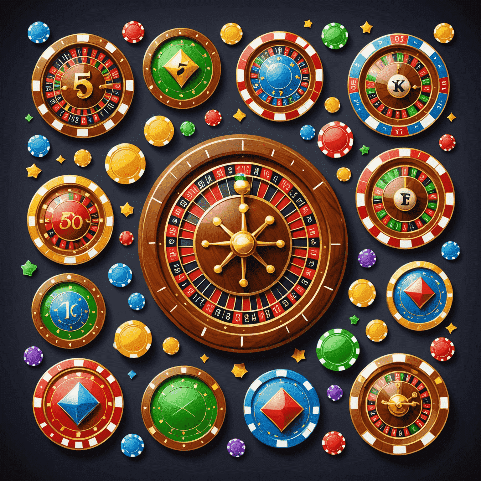 Collage of 5 popular social casino game icons, outlined in vibrant colors