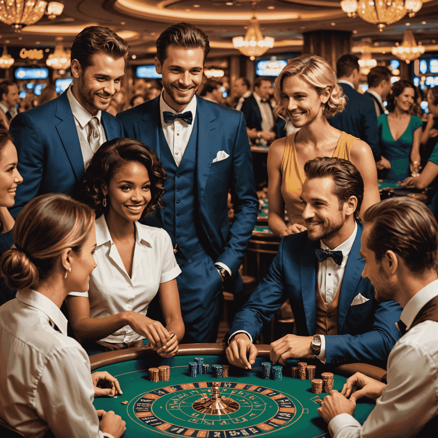 Illustration of diverse players interacting positively in a social casino setting, outlined style