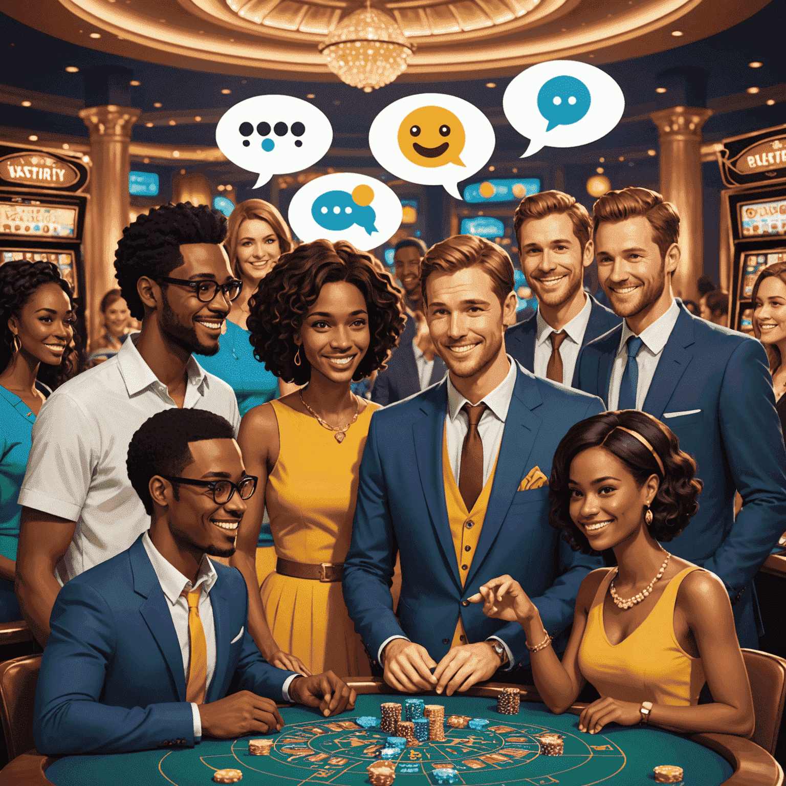 Illustration of diverse avatars interacting positively in a virtual social casino environment, with speech bubbles containing friendly messages and emojis