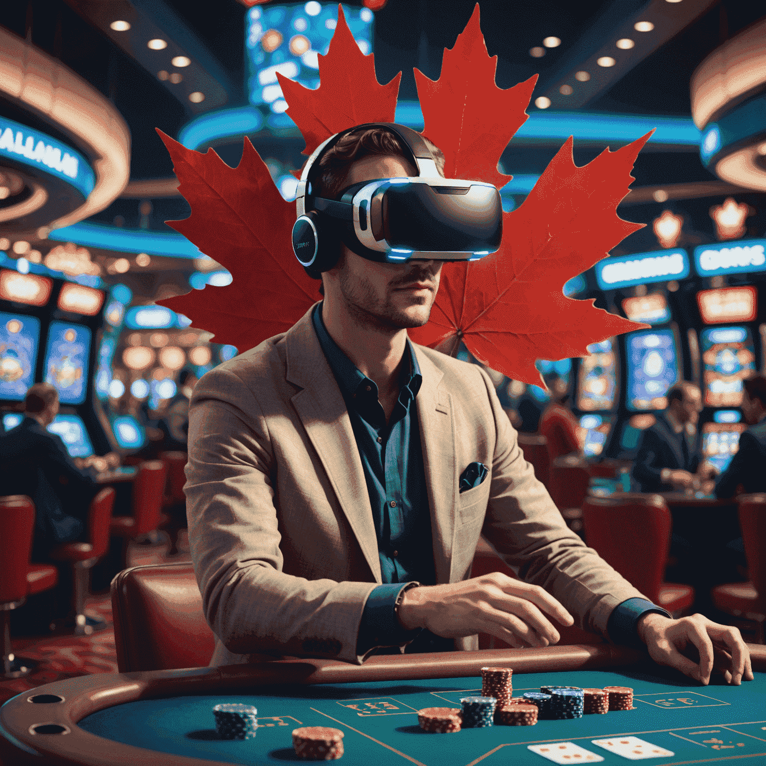 A futuristic rendering of a player using VR headset to interact with a social casino game, with Canadian maple leaf subtly incorporated in the background