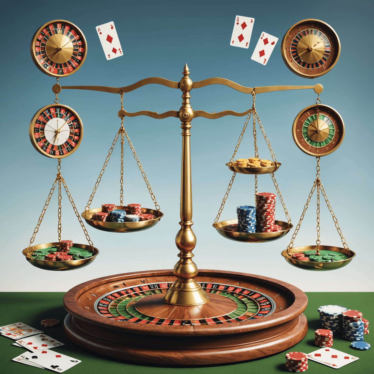 Illustration of a balanced scale with social casino games on one side and various leisure activities on the other, symbolizing responsible gaming and life balance
