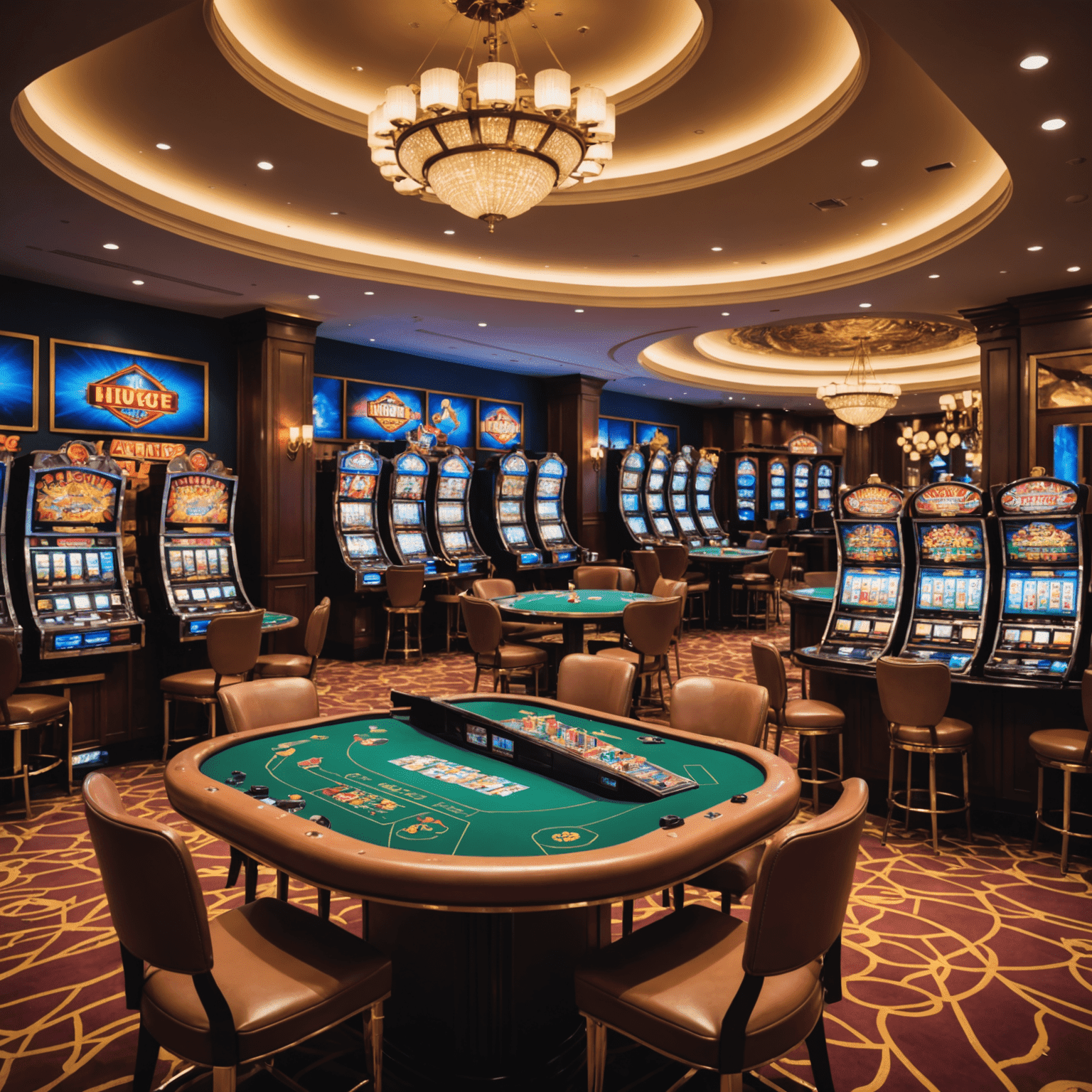 Huuuge Casino's lobby showcasing various slot machines and table games with a luxurious design